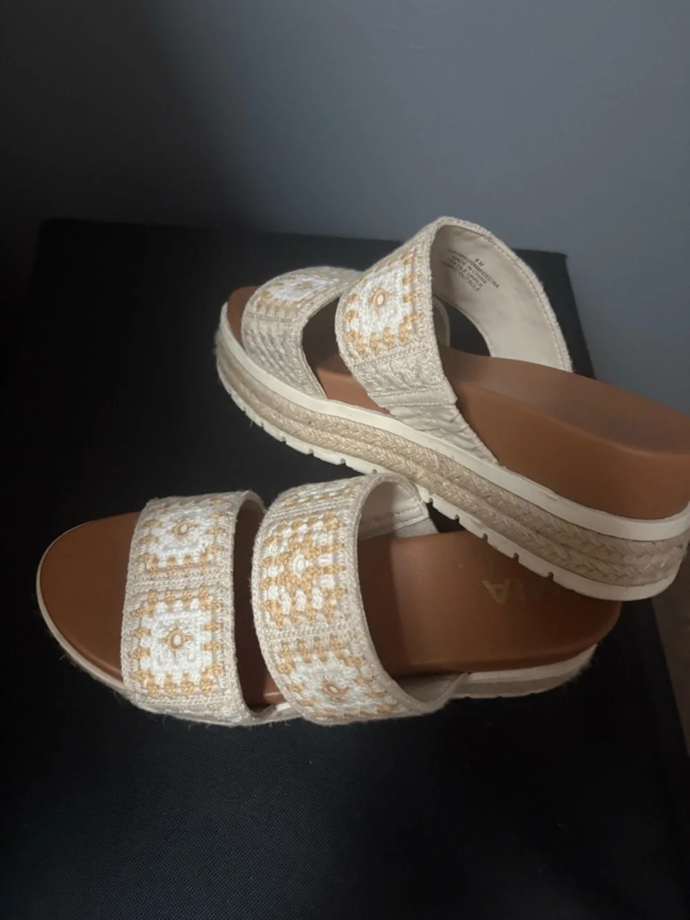 MIA White and Tan Crochet Double-Strap Slide Sandals - Picture 2 of 3